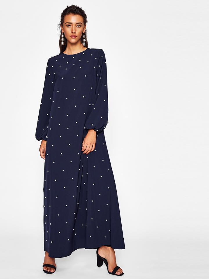 Shein Pearl Beading Keyhole Back Bishop Sleeve Dress