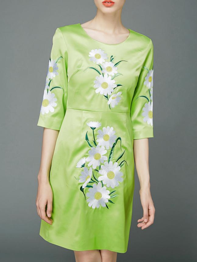 Shein Green Crew Neck Embroidered Shift Dress