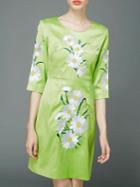 Shein Green Crew Neck Embroidered Shift Dress