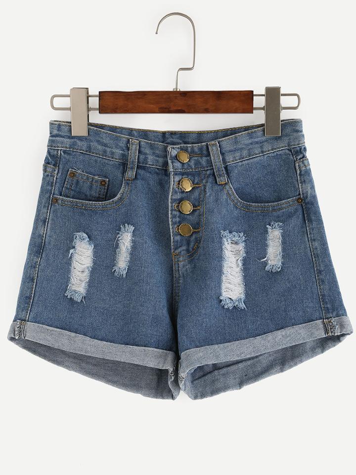 Shein Buttoned Fly Distressed Roll Hem Blue Denim Shorts