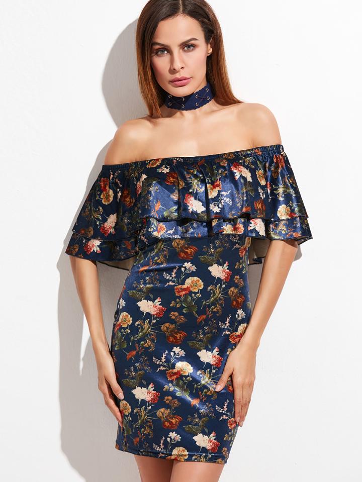 Shein Navy Floral Print Layered Ruffle Off The Shoulder Dress