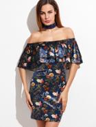 Shein Navy Floral Print Layered Ruffle Off The Shoulder Dress