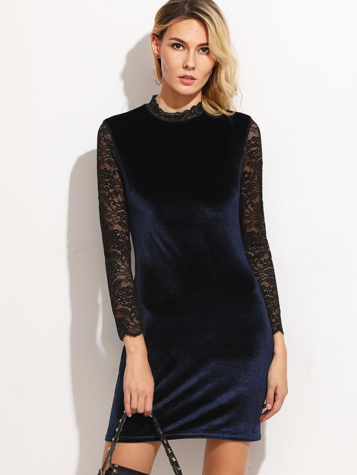 Shein Contrast Lace Sleeve Keyhole Back Velvet Dress