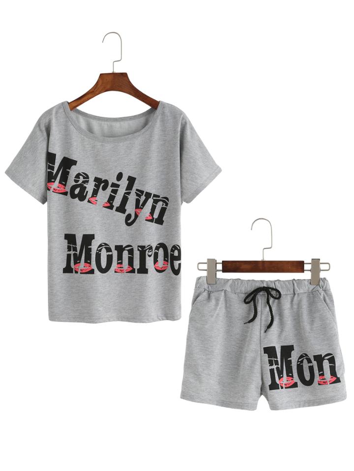 Shein Grey Crew Neck Letters Print T-shirt With Shorts