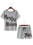 Shein Grey Crew Neck Letters Print T-shirt With Shorts