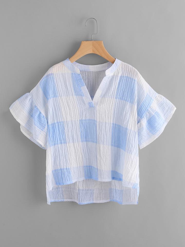 Shein Check Plaid Frill Trim Dip Hem Blouse