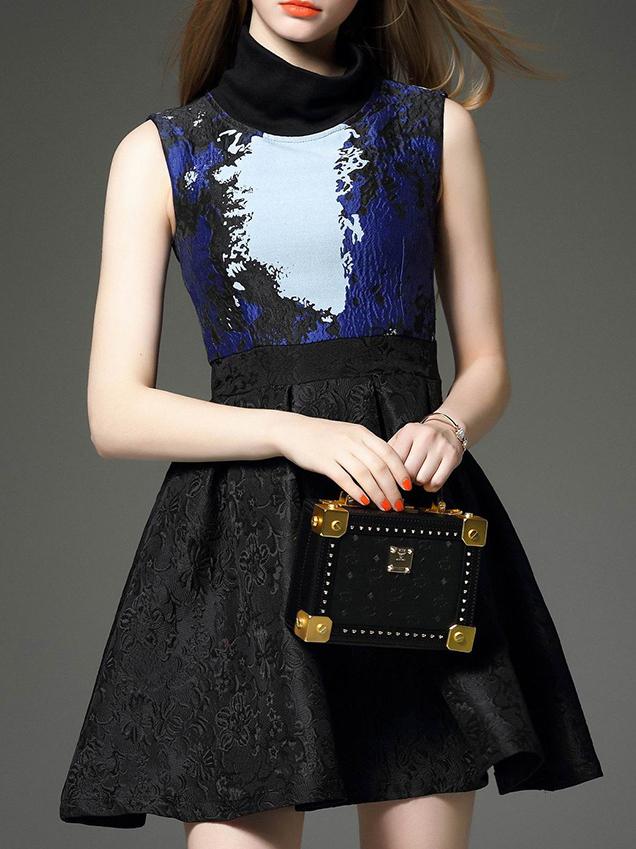 Shein Black Stand Collar Sleeveless Jacquard Dress