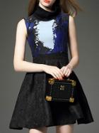 Shein Black Stand Collar Sleeveless Jacquard Dress