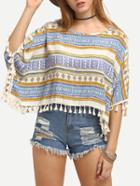 Shein Tassel Trimmed Geometric Print Poncho Blouse