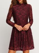 Shein Burgundy Frill Neck Lace Pleated Dress