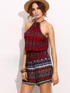 Shein Burgundy Ornate Print Split Back Halter Neck Romper