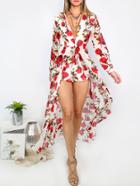 Shein Floral Print Deep V Neck Long Sleeve Jumpsuit