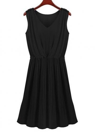 Rosewe Women Pleated Pattern Sleeveless Black Chiffon V Neck Dress