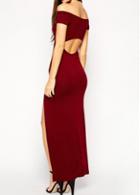 Rosewe Hollow Out Side Slit Wine Red Maxi Dress