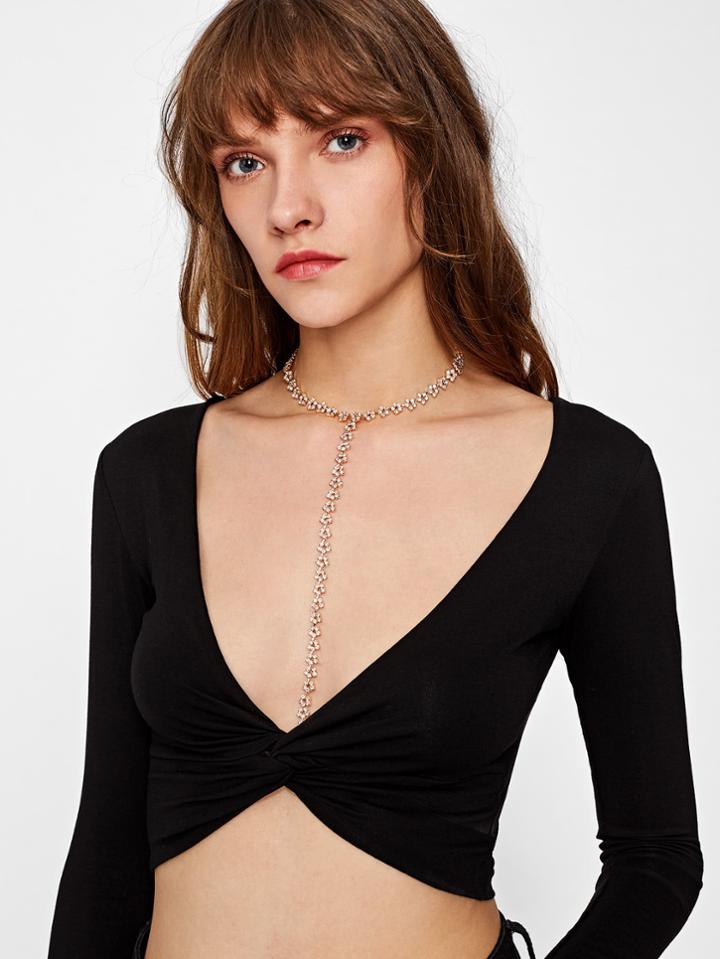 Shein Rhinestone Decorated Flower Shaped Y Lariat Necklace