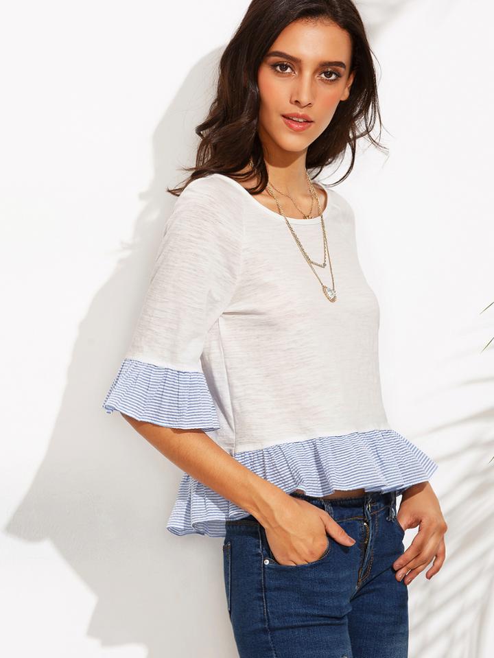 Shein Color Block Half Sleeve Ruffle Hem Top