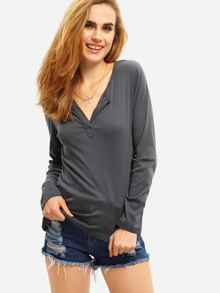 Shein Women Grey V Neck Casual T-shirt