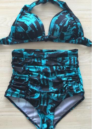 Rosewe Two Pieces Blue High Waist Printed Swimwear