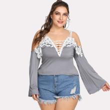 Shein Plus Crisscross Front Lace Applique Cold Shoulder Tee