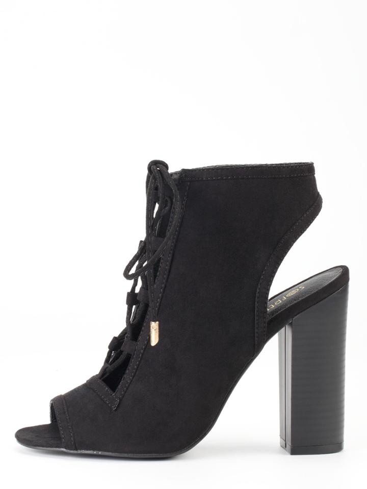 Shein Faux Suede Lace-up Peep Toe Sling Back Heels - Black