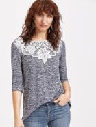 Shein Contrast Crochet Applique 3/4 Sleeve T-shirt
