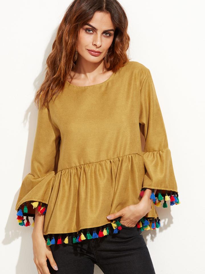 Shein Yellow Ruffle Hem Fringe Trim Blouse