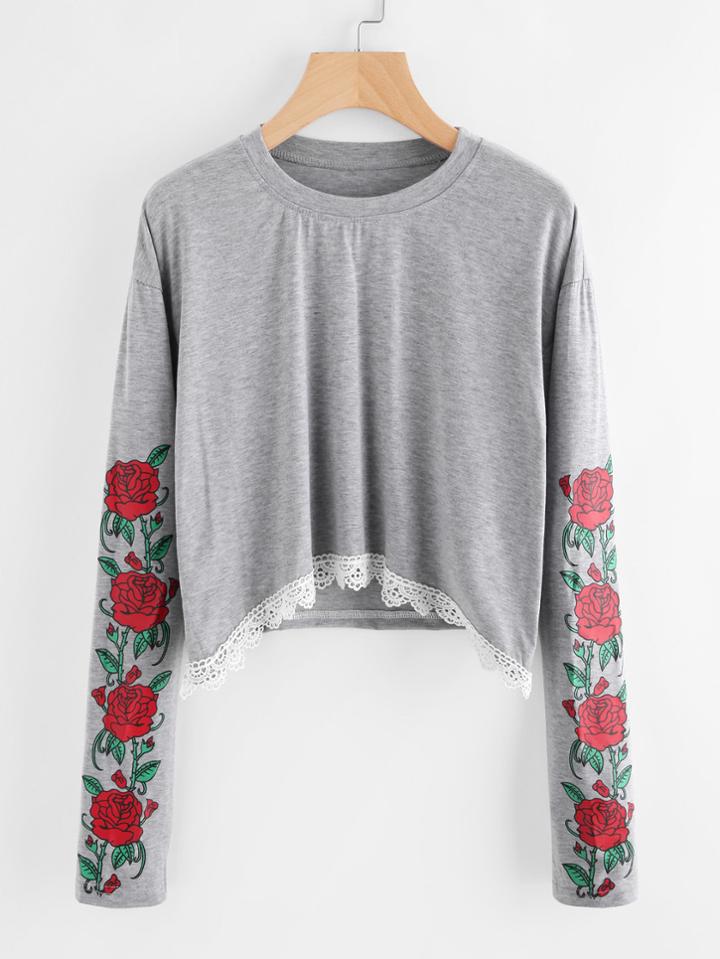 Shein Rose Print Sleeve Lace Hem Tee
