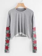 Shein Rose Print Sleeve Lace Hem Tee