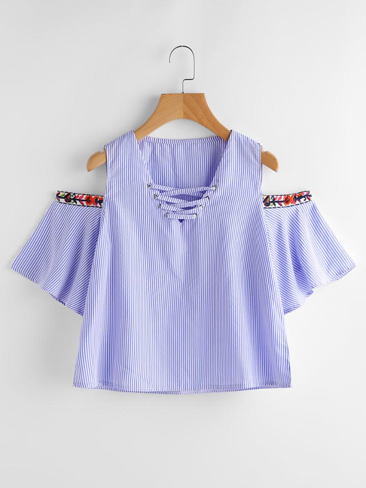 Shein Embroidered Tape Detail Crisscross Open Shoulder Striped Top