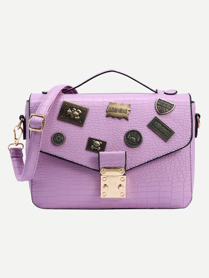 Shein Crocodile Embossed Charm Embellished Flap Bag - Purple