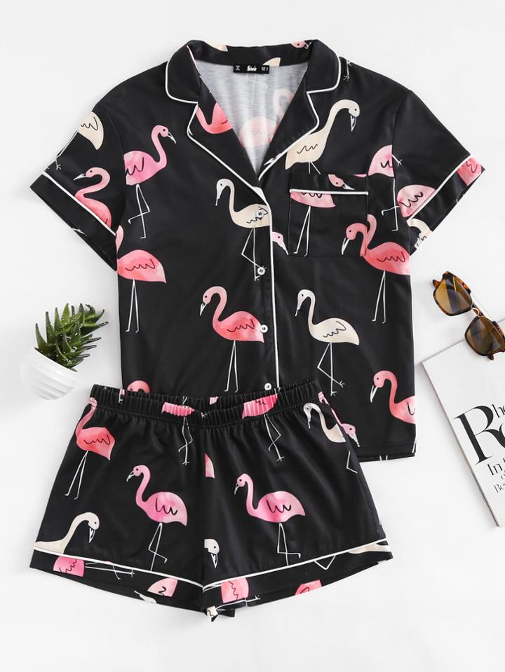 Shein Revere Collar Allover Flamingo Print Blouse & Shorts Pajama Set