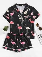 Shein Revere Collar Allover Flamingo Print Blouse & Shorts Pajama Set