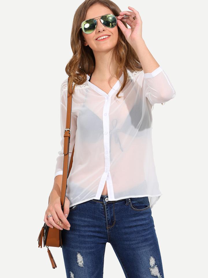 Shein Lace Insert Sheer Chiffon Blouse - White