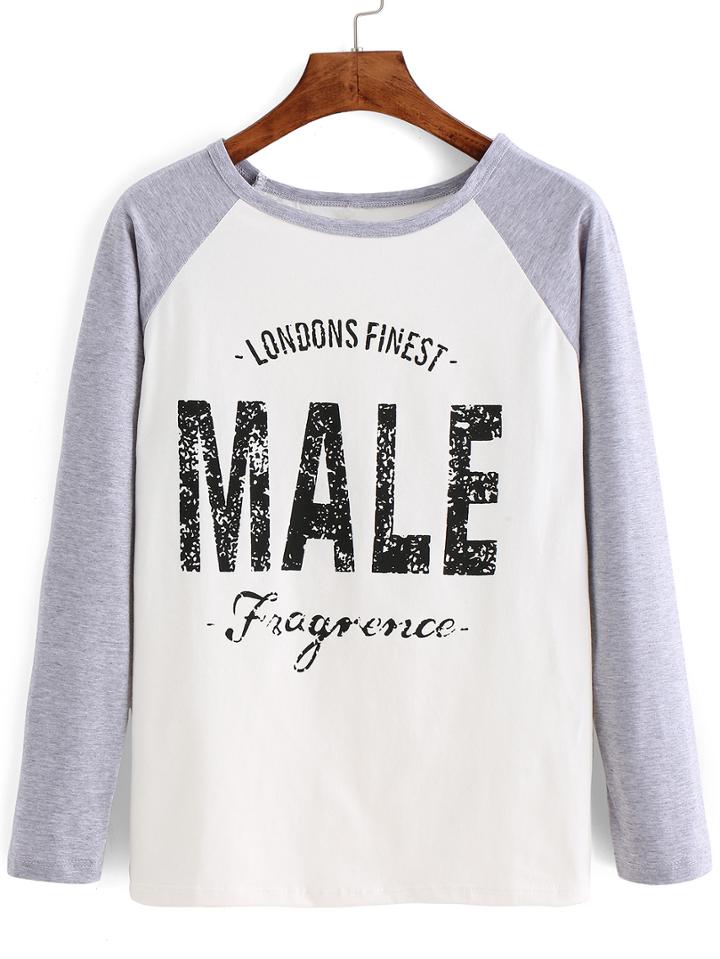 Shein Grey White Round Neck Letters Print T-shirt