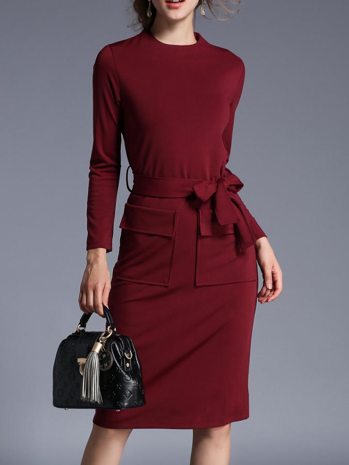 Shein Burgundy Crew Neck Tie-waist Sheath Dress