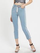 Shein Exposed Zip Fly Striped Side Crop Jeans