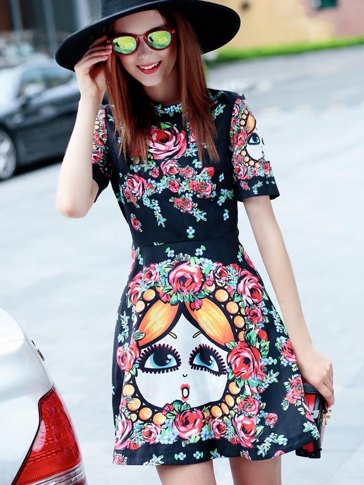 Shein Black Round Neck Short Sleeve Print Dress