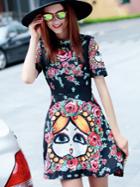 Shein Black Round Neck Short Sleeve Print Dress