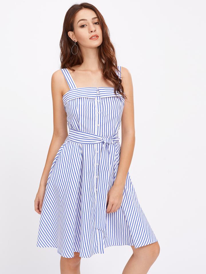 Shein Self Tie Fold Neck Pinstripe Pinafore Dress