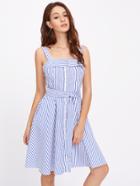 Shein Self Tie Fold Neck Pinstripe Pinafore Dress