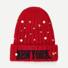 Shein Christmas Embroidered Letter Faux Pearl Decorated Beanie Hat