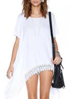Rosewe Loose Round Neck White T Shirts With Asymmetric Lace