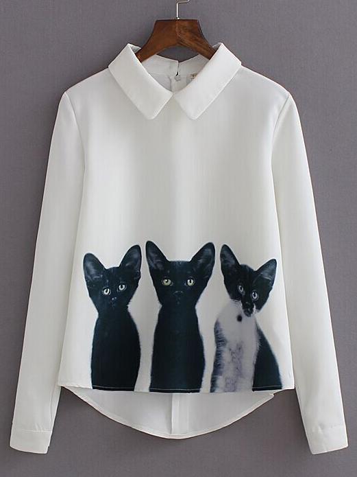 Shein White Lapel Long Sleeve Cats Print Blouse