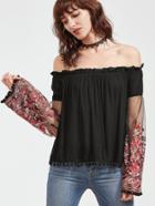 Shein Black Ruffle Off The Shoulder Embroidered Bell Sleeve Top