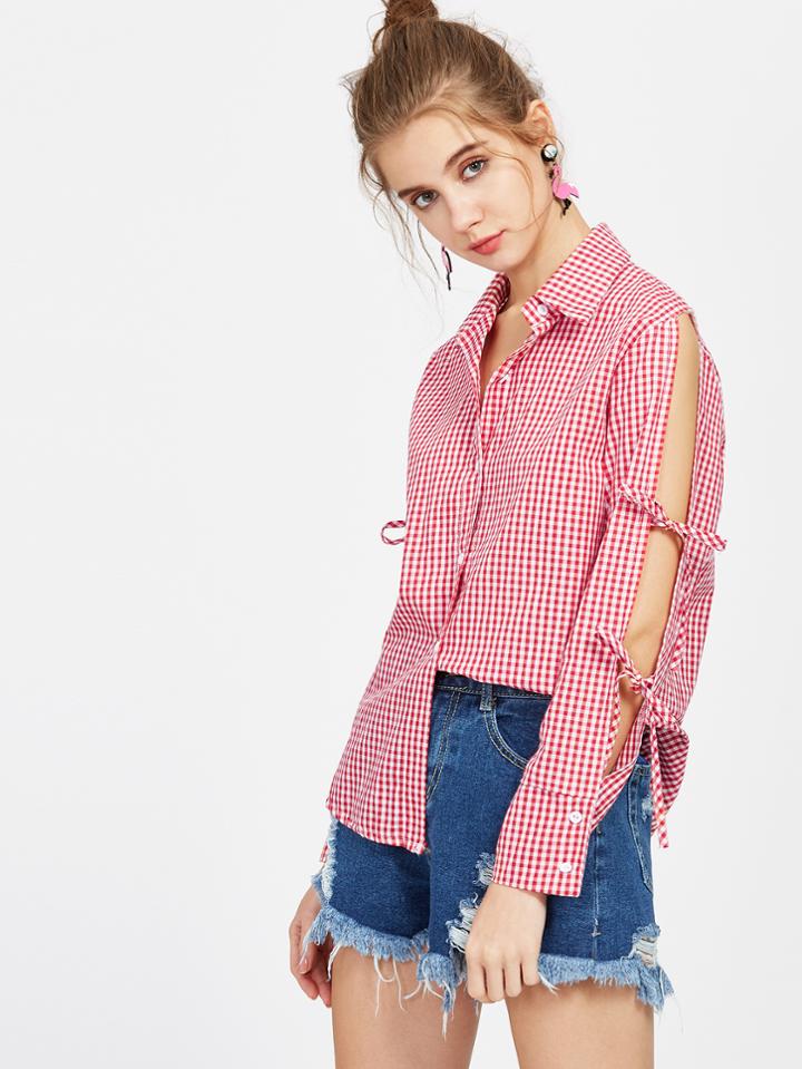 Shein Gingham Split Sleeve Tie Detail Shirt