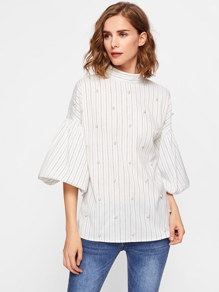 Shein Pearl Beading Puff Sleeve Pinstripe Blouse