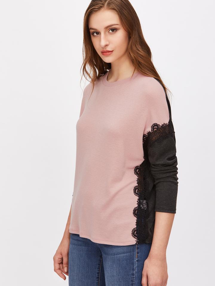 Shein Contrast Drop Shoulder Embroidered Lace Applique T-shirt