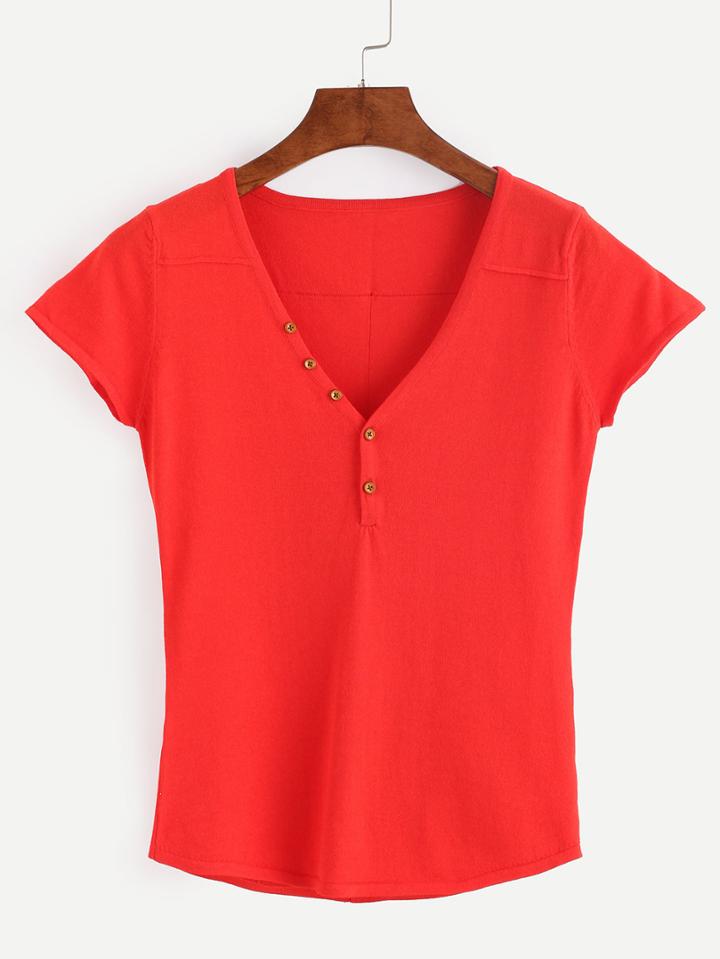 Shein Red V Neck Button Cap Sleeve T-shirt