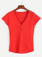 Shein Red V Neck Button Cap Sleeve T-shirt
