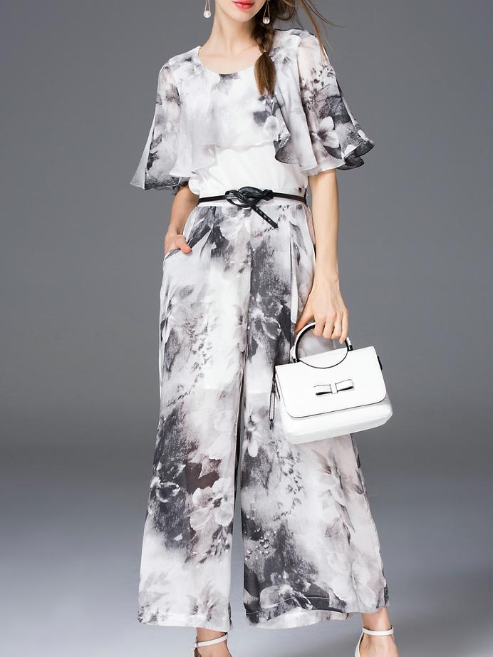 Shein Grey Belted Ruffle Ink Print Top With Pants